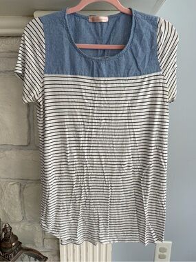 Striped Crewneck Top with Chambray Yoke